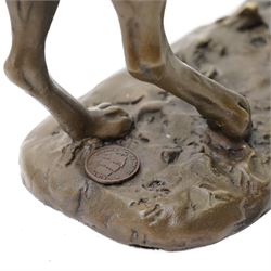 Bronze figure group, modelled as two male hares boxing, upon a naturalistic base, with foundry mark, H27cm