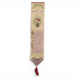 Two Victorian Stevengraph bookmarks, The Old Armchair and Thy Bridal Day 