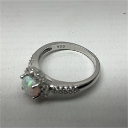 Silver opal and cubic zirconia cluster ring, stamped 925, boxed