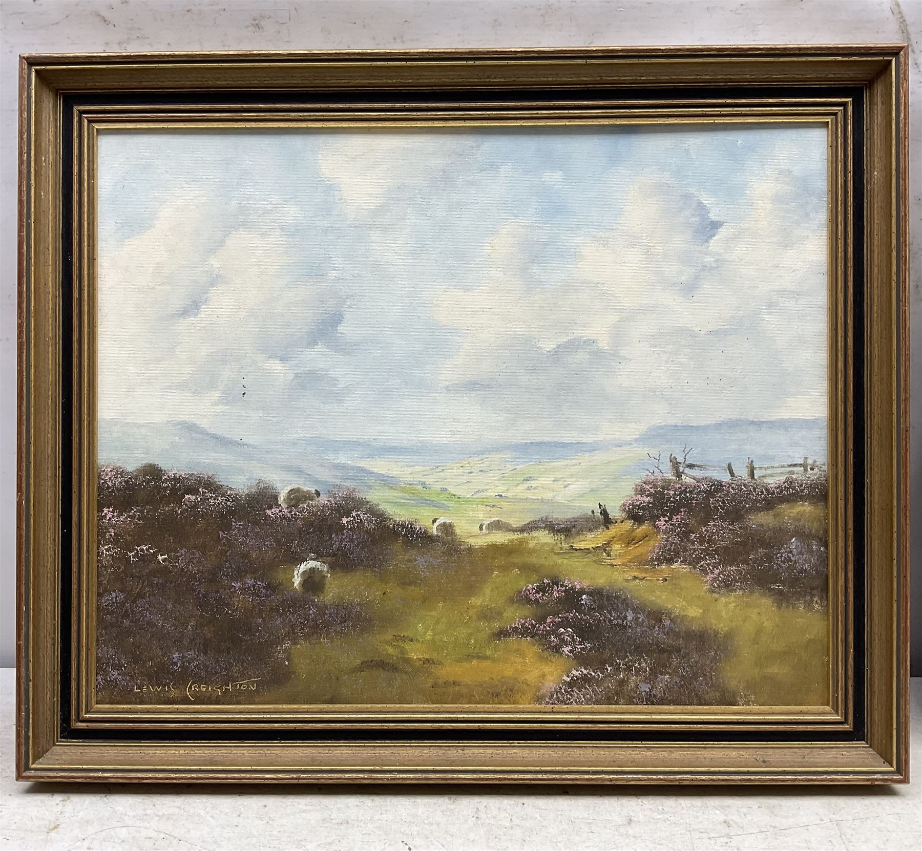 Lewis Creighton (British 1918-1996): Sheep in the Heather, oil on board signed 39cm x 50cm