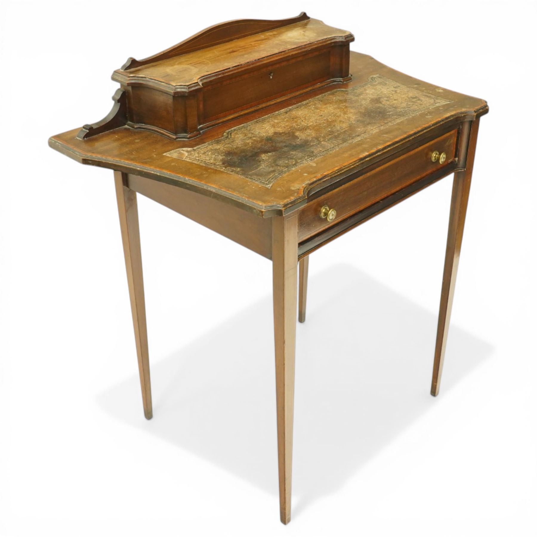 Edwardian inlaid mahogany ladies writing desk, shaped top surmounted with lidded stationary compartment, above a singular drawer, on slender tapering supports