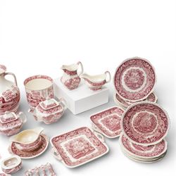 Large quantity of Masons Ironstone 'Vista' pattern tablewares, comprising three teapots, three serving dishes, three jugs, twenty two plates of various sizes, etc, together with a small collection of Spode 'Pink Tower' pattern wares
