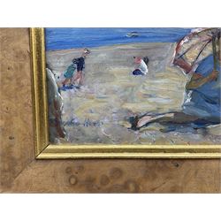 Florence Adelina Hess (Staithes Group 1891-1974): 'Peggy' with a Parasol and Beach Tent at Runswick Bay, oil on panel signed, titled verso 21cm x 26cm 
Provenance: exh. Phillips & Sons, The Dower House, Cookham, May 1981