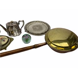 ladies vanity set with floral embroidery backs, comprising mirror, two brushes, comb and tray, along with paperweight with internal floral design, brass and copper bedwarmer, two metal serving trays, a metal teapot and a globe. 