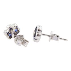 Pair of 18ct white gold sapphire and diamond flowerhead stud earrings, hallmarked