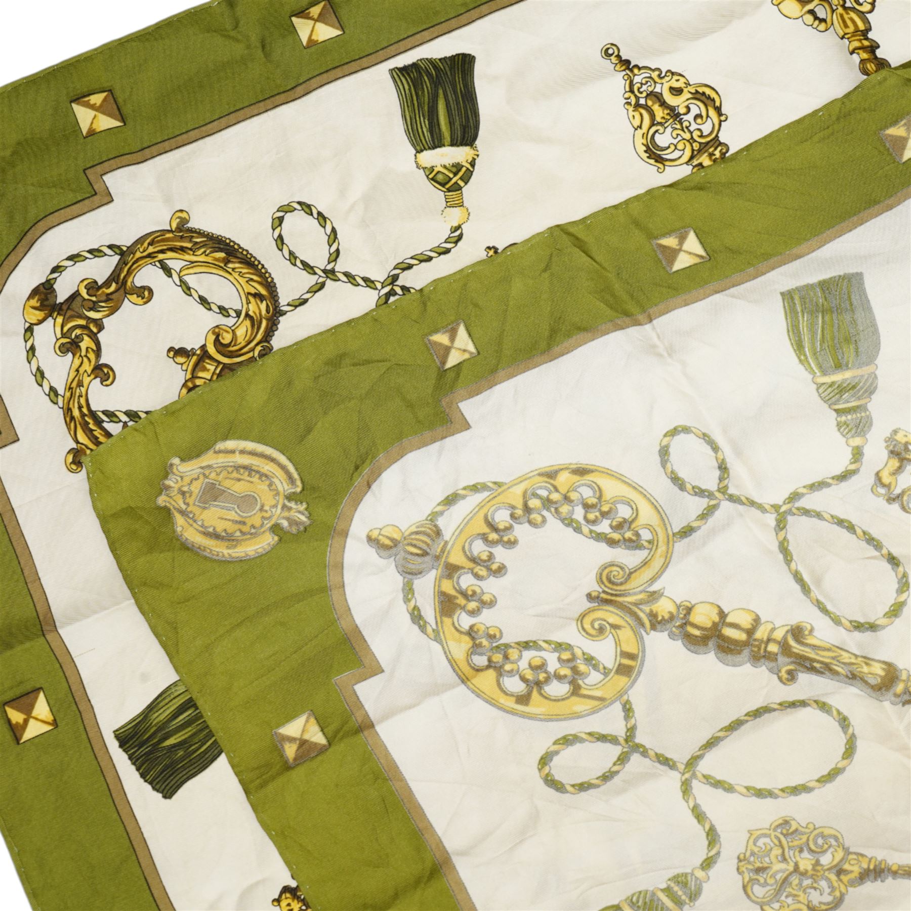 Hermes 'Les Clefs' silk scarf in green and gold colourway, designed by Cathy Latham, 86cm x 90cm 