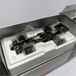 A-Model Classic Models - three 1:18 scale die-cast models of racing cars comprising Lotus 49B U.S.A. G.P. 68 Mario Andretti, Lotus 72D 'JPS' Winner British G.P. 72 Emerson Fittipaldi and Lotus 49 Winner British G.P. 67 Jim Clark, all boxed (3)