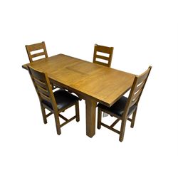 Solid light oak extending dining table, rectangular top with shaped apron, raised on square chamfered supports (W130cm D90cm H79cm); and set four oak dining chairs, high ladder backs with upholstered seats, raised on square supports united by H-stretcher (W46cm D50cm H105cm)