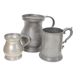 19th century Pewter tavern jug, with WR beneath a crown touch mark, together with pewter tankards and measures  