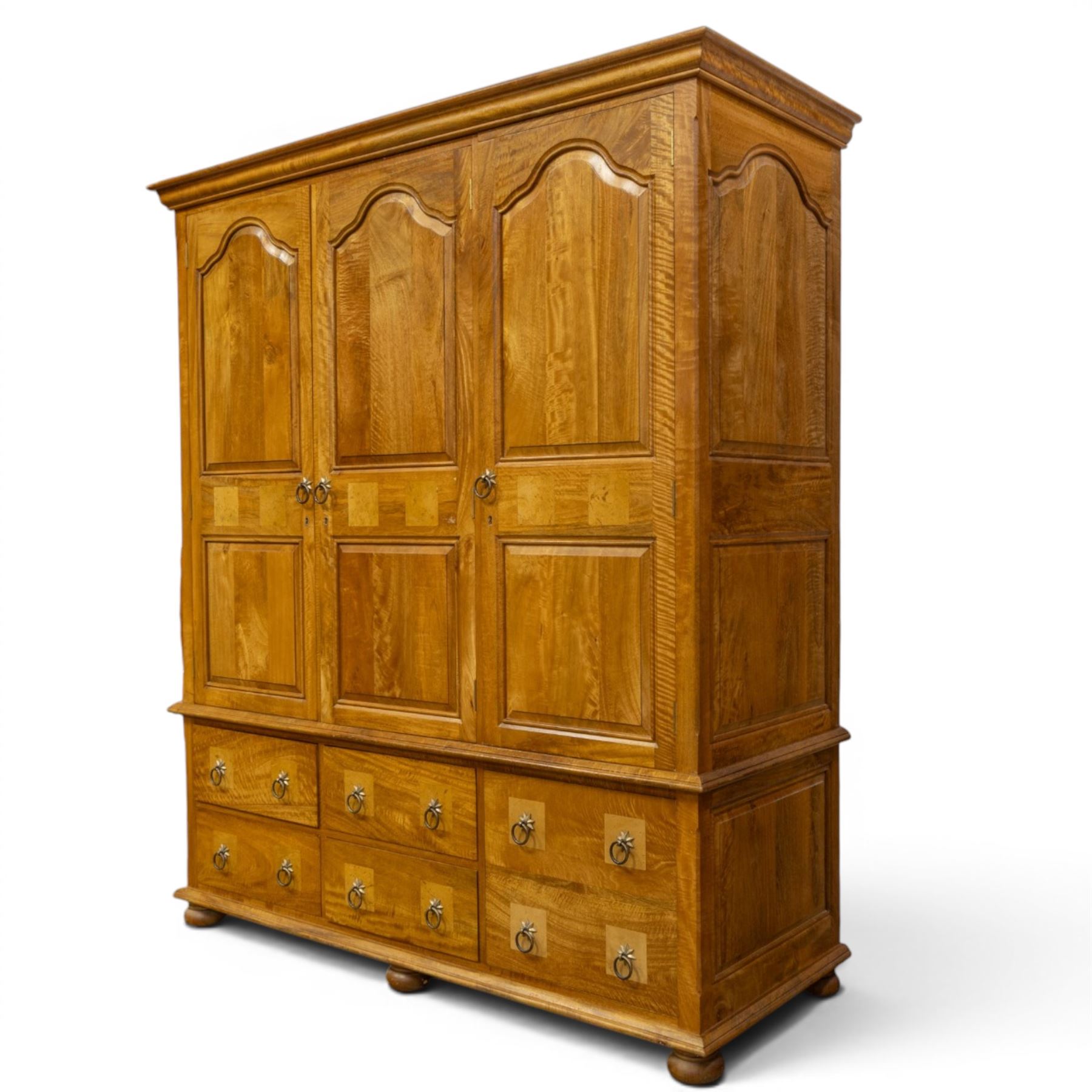 Barker & Stonehouse - contemporary flagstone and mango wood triple wardrobe and bedside cabinet, triple wardrobe with double doors revealing a full length wooden hanging rail, flanked by a cupboard with shelved interior, raised on a base with cupboard and drawers, turned bun feet