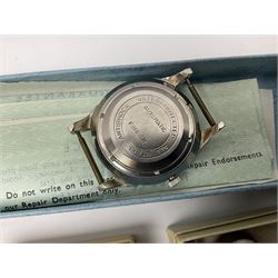 Pair of Georgian silver dress buttons, silver caddy spoon, silver fob medals, silver watches, set of six silver plated teaspoons, set of gilt buttons with ship design, etc