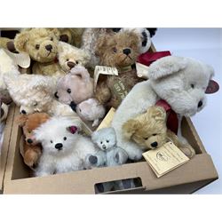 Quantity of teddy bears, predominantly Hermann examples, to include limited edition examples, Little Hilde, Classic Panda Bear, A Handful of Joy, etc, together with Merrythought bear, Martin Germany bears, bear with growler etc in two boxes