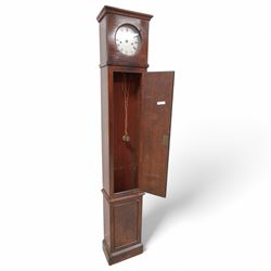 John Hill of Covent Garden, London- Slim Regency 8-day mahogany longcase clock c1820, plain case with a flat top and cornice, square door to the dial with a circular glazed aperture, rectangular trunk with a long door and moulding beneath, raised panel and applied skirting, silvered sheet dial with Roman numerals, spade hands and makers name, weight driven rack striking movement with a recoil anchor escapement, striking the hours on a bell. With weights and pendulum.
John Hill is recorded as working at Covent Garden for a relatively short period 1820-24.


