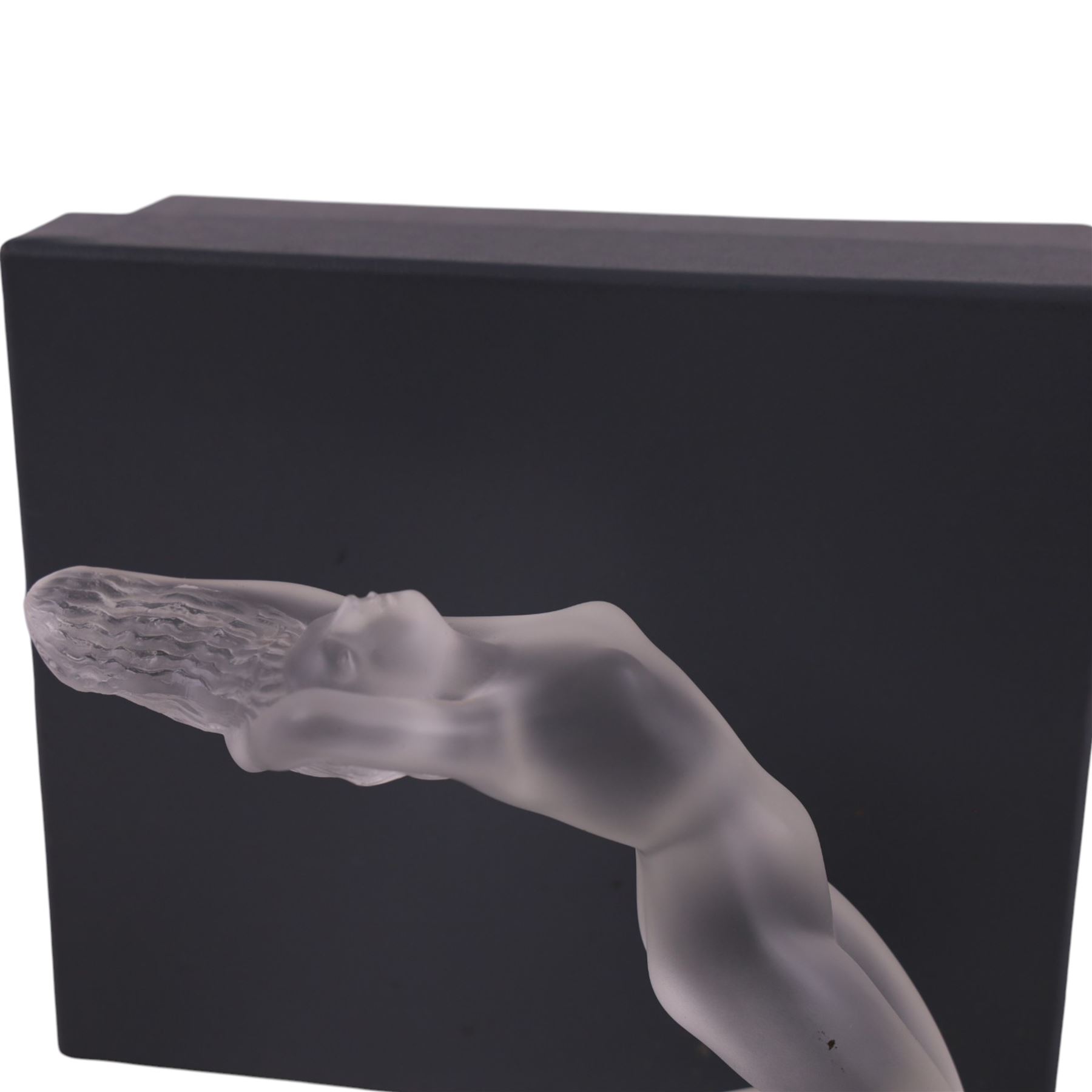 Lalique, Chrysis, frosted glass figure, inspired by the original 1931 car mascot designed by Rene Lalique, engraved Lalique France to base, H12cm