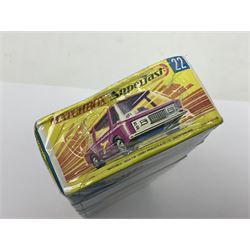 Matchbox 1-75 Series 'Superfast' ex-shop stock - unopened pack of six 22d Freeman Intercity Commuter models; and three others comprising 45c Ford Group 6, 56c BMC 1800 Pinafarina and 65d Saab Sonnet III; all boxed (9)