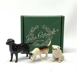 Three Beswick dog figurines, comprising Bulldog, Black Labrador, and Hound, Labrador with maker's box, each with printed mark beneath.