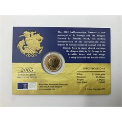 Queen Elizabeth II 2005 gold half sovereign coin, on card