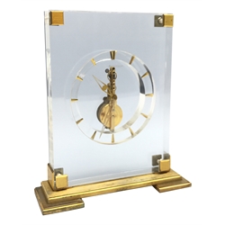 Mid 20th century Jaeger-LeCoultre skeleton clock, gilt metal mounts and stepped base, W18cm, H20cm