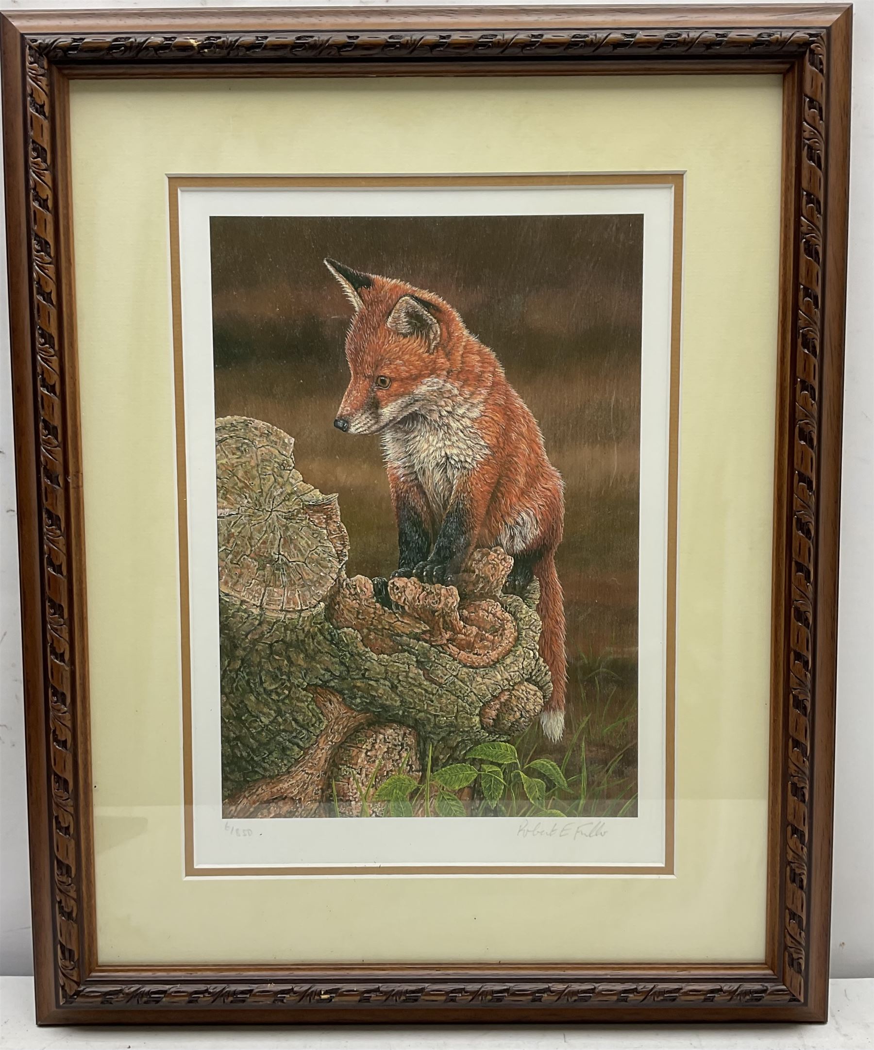 Robert E Fuller (British 1972-): Red Fox on Tree Stump, limited edition colour print signed and numbered 6/850 in pencil 30cm x 22cm