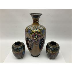 Pair of Japanese cloisonne Koro, decorated with colourful flower head motifs and raised on three feet, missing covers, together with a cloisonne vase, vase H30cm