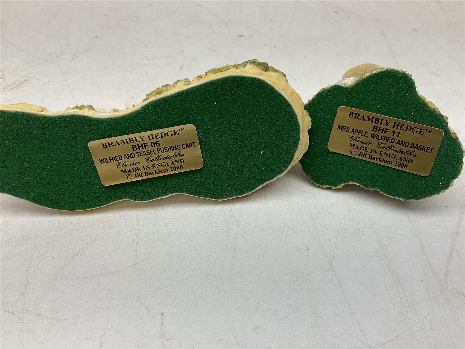 Four Classic Collectables Brambly Hedge figures, comprising Basil Pouring Drinks, Wilfred and Teasel Pushing Cart, Poppy Carry Pails and Mrs Apple, Wilfred and Basket, all boxed