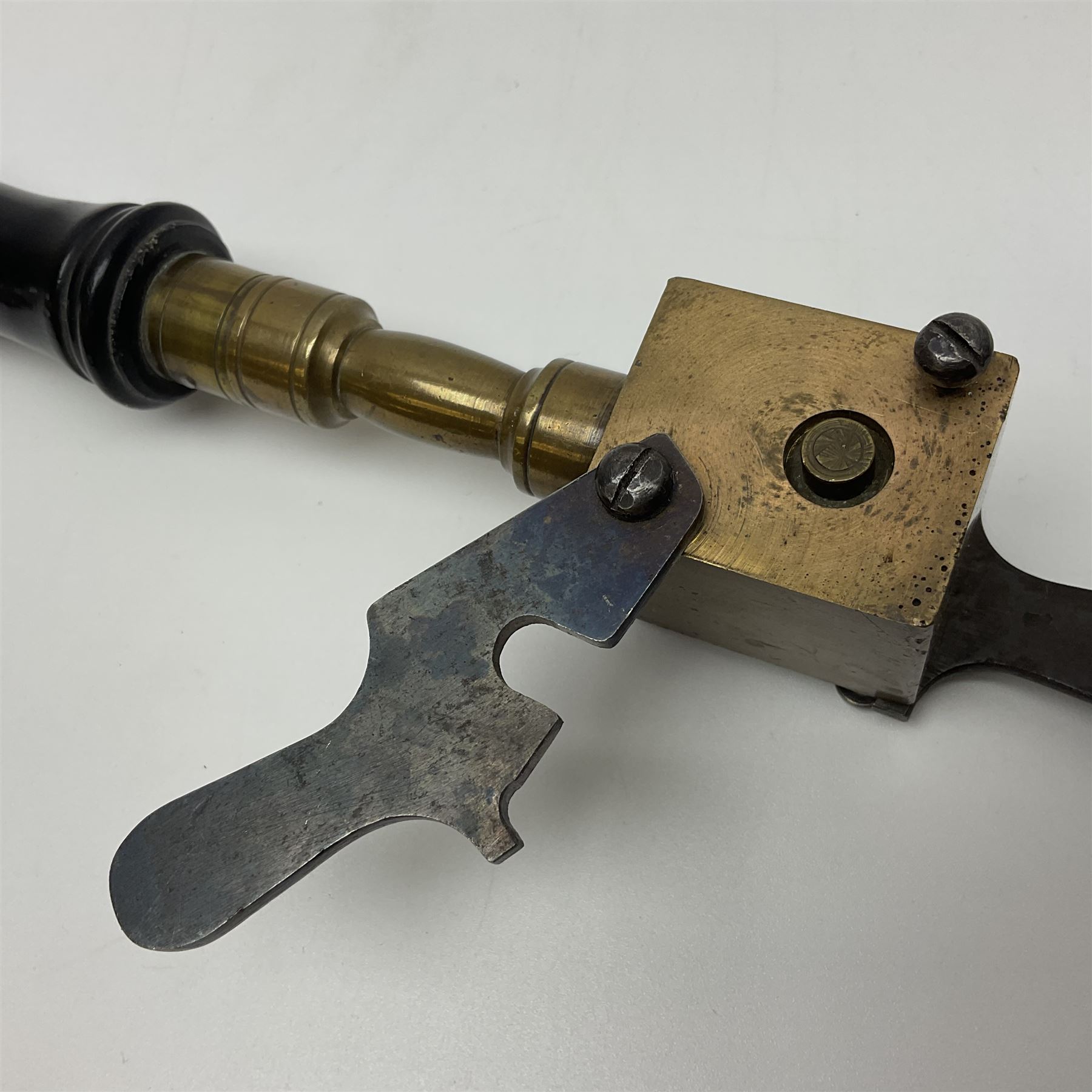 Late 19th/early 20th century brass 360 Express bullet mould for rifles, probably 360 x 2.25, with ebonised turned wooden handle L28cm