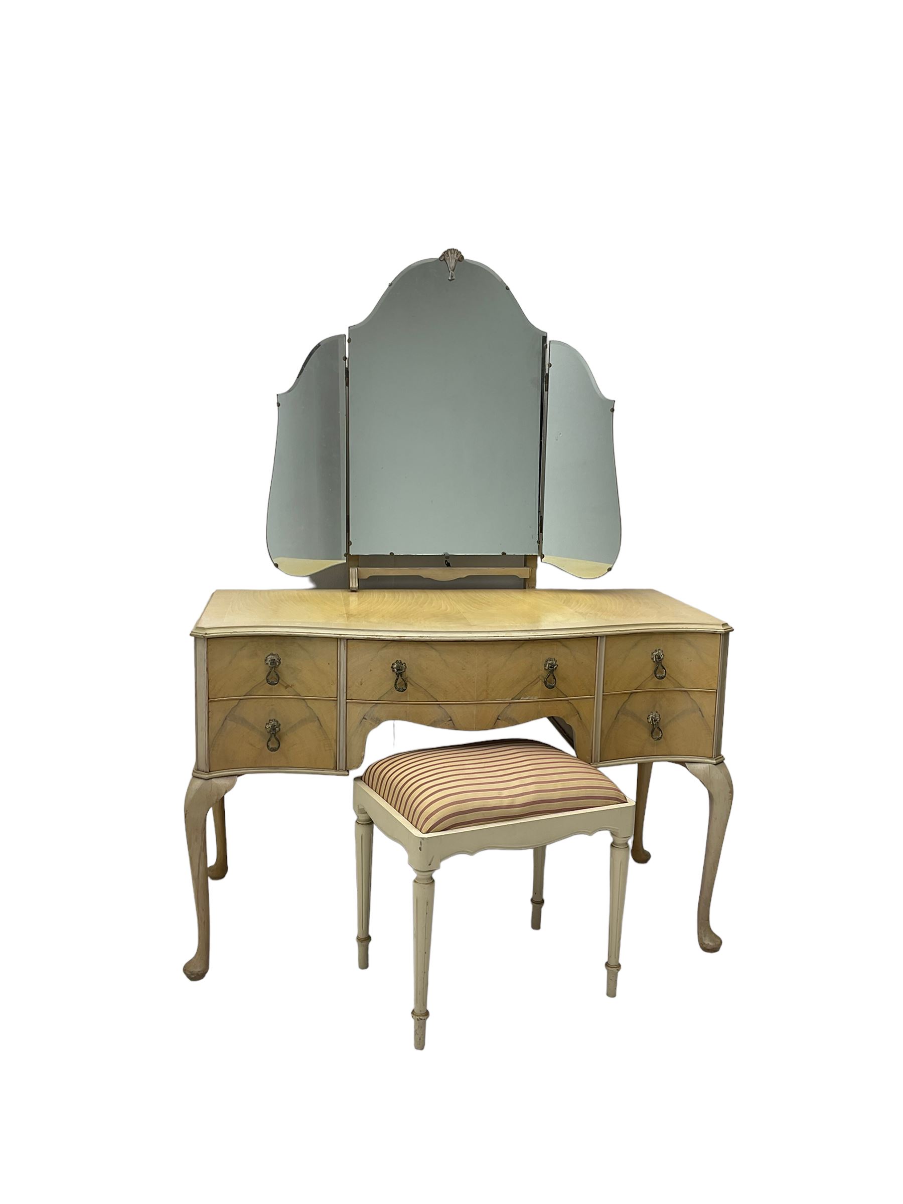 F Wrighton & Sons Ltd -  French style painted serpentine dressing table, with triple mirror back, on cabriole supports (106cm x 55cm x 135cm), and F Wrighton & Sons Ltd - French style narrow double wardrobe (92cm x 54cm x 187cm)