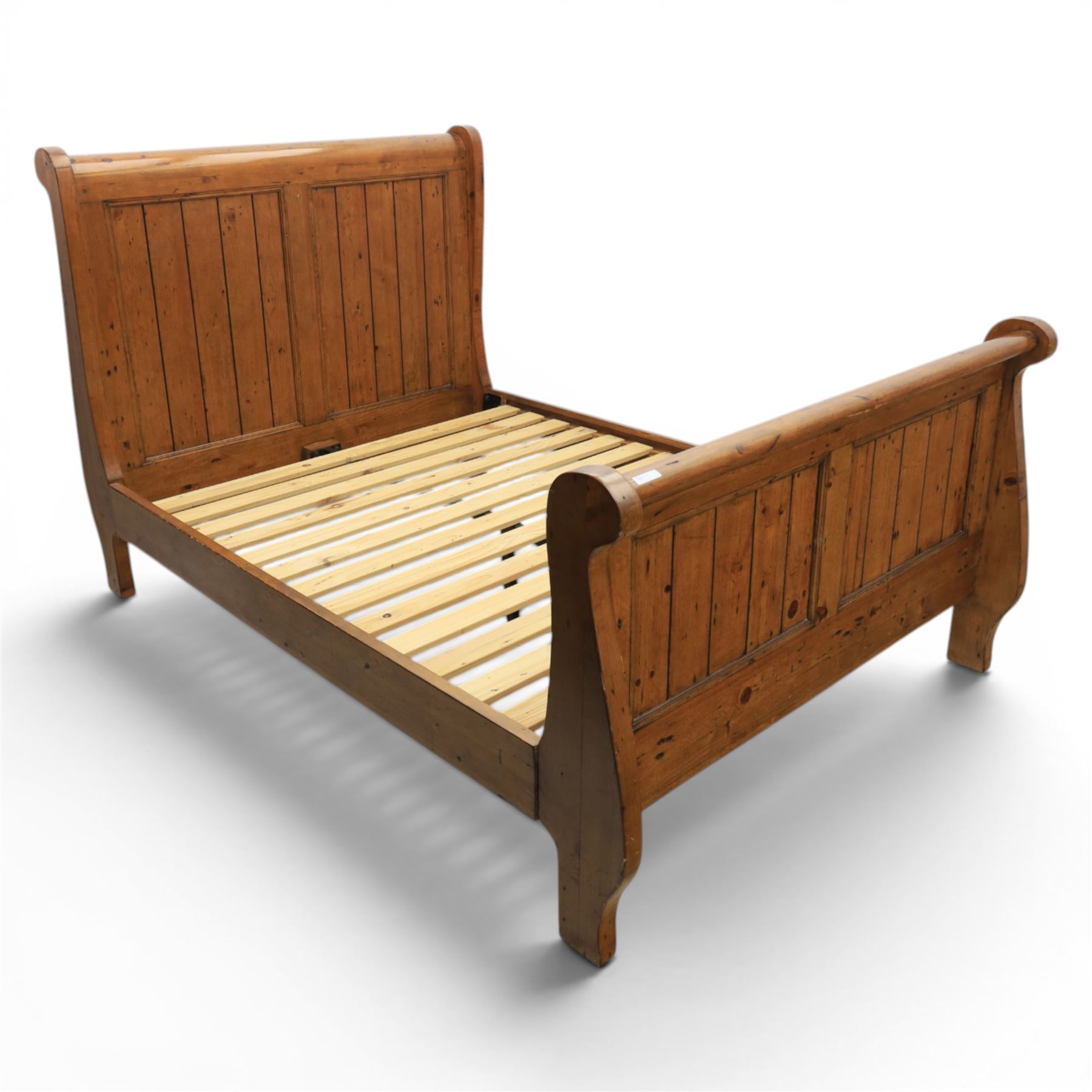 Barker & Stonehouse - rustic waxed pine double sleigh bed, with wooden slats