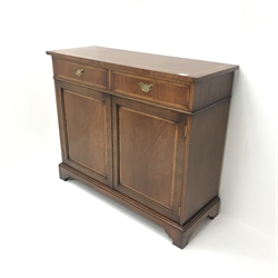 Gotts of Pickering inlaid mahogany side cabinet, two drawers above two cupboards, shaped plinth base, W102cm, H85cm, D38cm