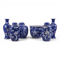 Pair Prunus pattern ginger jars, together with another similar, vases and jardiniere, vases H31cm 