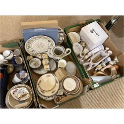 Four boxes of ceramics to include Wedgwood, Royal Albert, Crested ware, boxed Tupton Ware vase, collectors plates etc