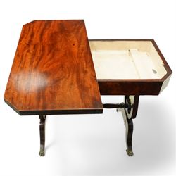 Regency mahogany and ebony inlaid fold-over tea table with reeded edge above spiral reeded centre stretcher on lyre supports with brass star inlaid panel on out swept legs with lion paw brass castors 