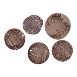 Henry VII silver half groat coin, York mint, William III silver sixpence, George II 1745 silver shilling, George II 1745 silver sixpence, and George II 1757 silver sixpence (5)