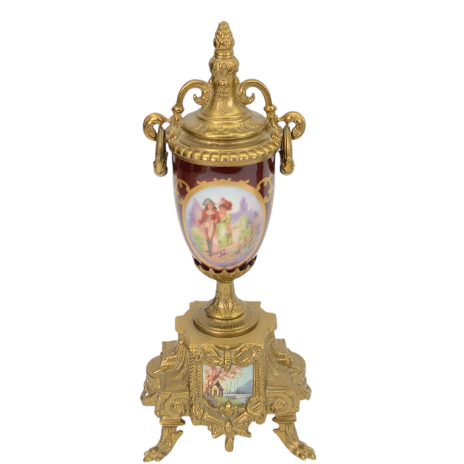 Continental-20th century clock garni in a mid 19th century style case, with porcelain panels and dial, spring driven two train movement with a floating balance escapement, striking the hours and half hours on two bells. With conforming urns. 