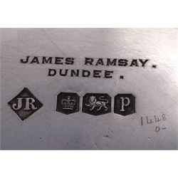 1930s silver waiter, with oblique gadrooned rim, upon four claw and ball feet, hallmarked James Ramsay, Sheffield 1932, housed within canvas drawstring bag for the retailer J Ramsay, Dundee