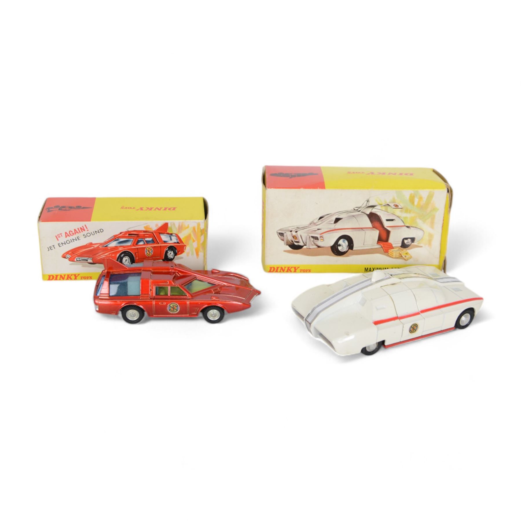 Two Dinky Toys diecast Captain Scarlet vehicles, comprising Spectrum Patrol Car no. 103, with red metallic body, white base, blue tinted windows and silver trim and Maximum Security Vehicle no. 105, the white body with red stripes and base, chrome trim and cast spun hubs, with radiation box, both boxed