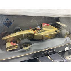 Three Minichamps '18' 1:18 scale die-cast racing cars - Jordan Peugeot 196 1996 R. Barrichello; Benetton Renault B196 G. Berger; and Williams Renault FW18 D. Hill; all boxed (3)