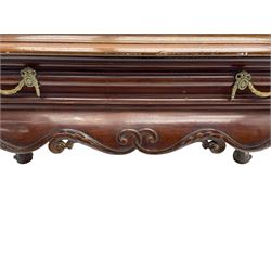 19th century Irish mahogany serving or side table, the moulded rectangular top over moulded frieze with drawer, bellflower festoon handles, cushion moulded and shaped lower rail carved with scrolling foliage, the cabriole supports carved with extending bellflowers and scrolls, on carved paw feet