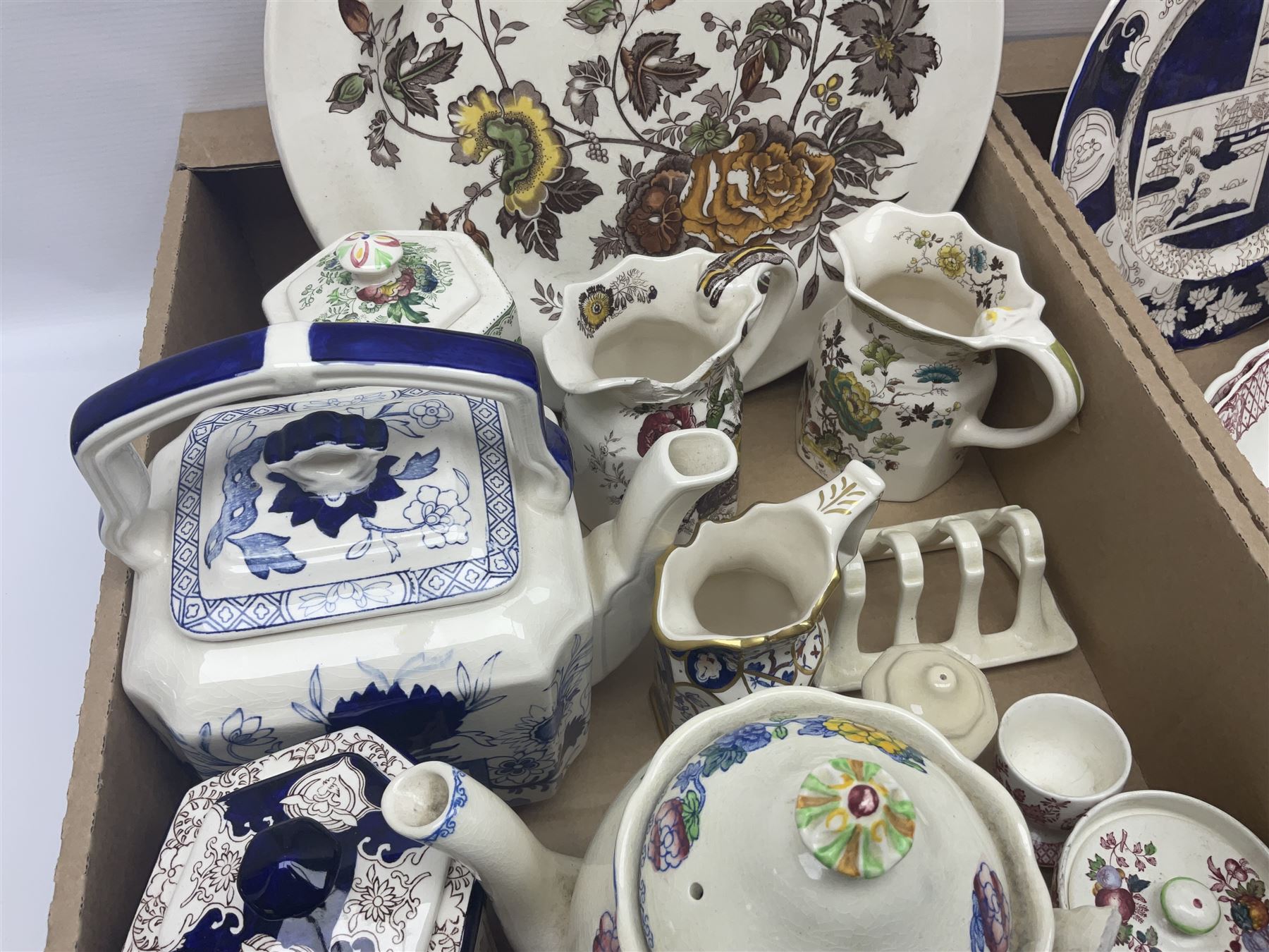 Masons Ironstone ceramics, including Double Landscape pattern plate and jar and cover, Fruit Basket pattern tea pots, etc, in two boxes