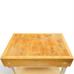 20th century butchers block kitchen island, solid top raised on stainless steel supports united by and undertier