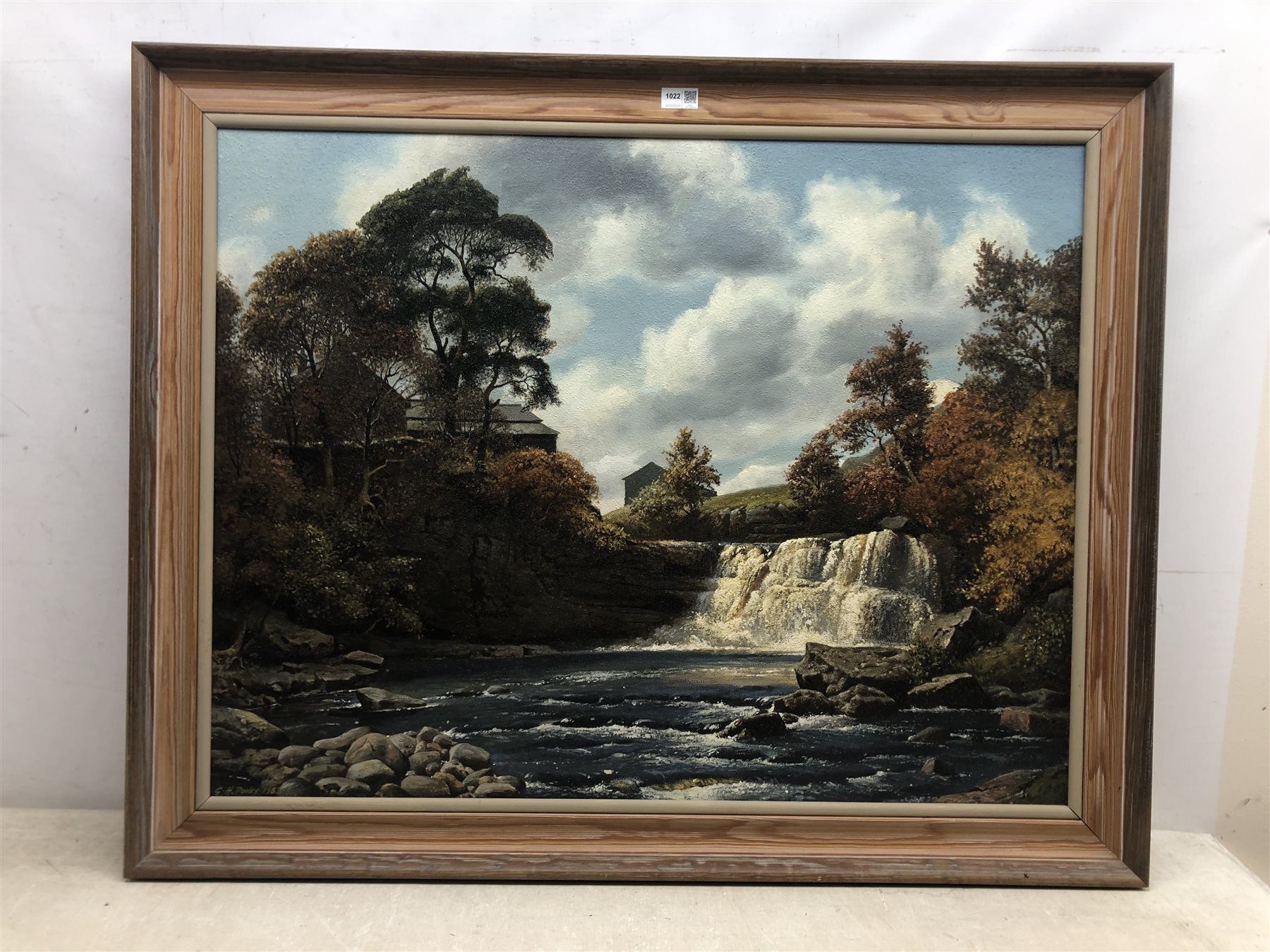 Geoffrey H Pooley (British 1908-2006): 'Falls on the Swale Yorkshire', oil on board signed and dated 1983, titled verso with artist's address label 70cm x 90cm