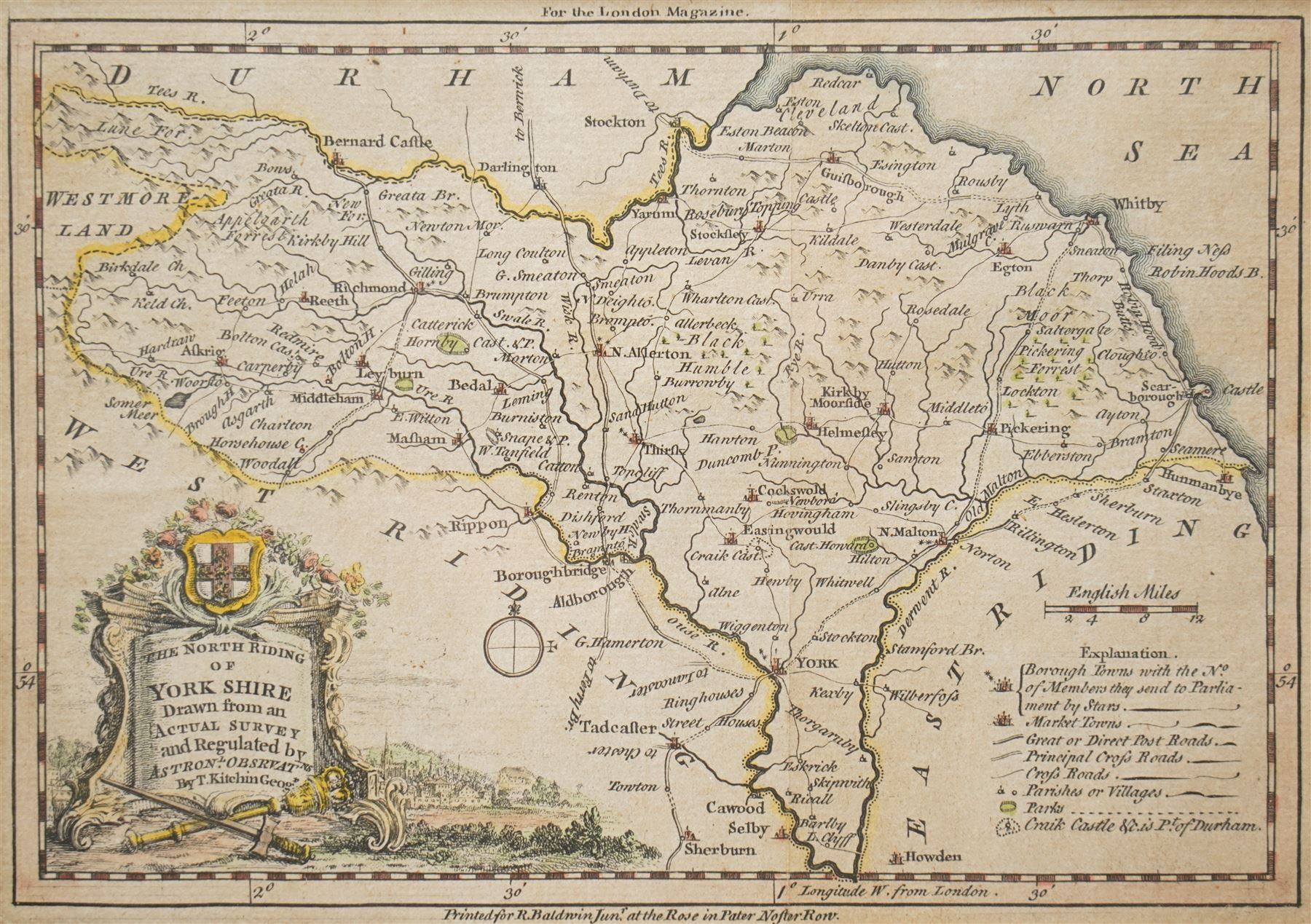 Thomas Kitchin (British 1719-1784): 'An Accurate Map of Yorkshire' and 'The North Riding of Yorkshire', two 18th century engraved maps with hand-colouring, together with an Owen & Bowen strip map of Pickering to Scarborough max 19cm x 24cm (3)