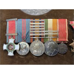 KIA (Ypres)  DSO group of eight Boer War/WW1 medals comprising Victorian DSO, Queens South Africa Medal with six clasps for Belmont, Modder River, Driefontein, Johannesburg, Diamond Hill and Belfast, Kings South Africa Medal with two clasps for South Africa 1901 and South Africa 1902, Turkish Liakat Medal, WW1 1914 Star with 5th Aug - 22nd Nov 1914 bar, British War Medal and Victory Medal and George V 1911 Coronation Medal, awarded to Lieutenant (later Captain) Albert Alexander Leslie Stephen Scots Guards; the group of six Boer War miniatures including additional Turkish Order of the Medjedie 3rd Class with rosette; all with ribbons and later mounted and framed with his bronze memorial plaque; together with Cecil Cutler (active 1886-1934) heightened watercolour three-quarter length portrait of Stephen in uniform, signed and dated 1915, 52 x 35cm; gilt frame;
Auctioneer's note: STEPHEN, ALBERT ALEXANDER LESLIE, Lieutenant, was born 3rd February 1879, son of Major J Z Stephen and Augusta Henrietta Mary (nee Ricketts). He was educated at Eton, and joined the Scots Guards 4th January 1899, becoming Lieutenant 4th April 1900. He served in the South African War, in which he was present at a large number of engagements. He took part in the advance on Kimberley, with the action at Behnont, and was present at Enslin, Modder River and Magersfontein, and also at the operations in the Orange Free State, Transvaal, Orange River Colony and Cape Colony, including actions at Poplar Grove, Driefontein, Vet and Zand Rivers; the action near Johannesburg, those at Pretoria, Diamond Hill and Belfast. From January 1901, he was Assistant Provost-Marshal to Pulteney's Column, and he was Intelligence Officer to Garrett's Column in 1902. He was twice mentioned in Despatches [London Gazette, 10 September 1901, and 29 July 1902]; received the Queen's Medal with six clasps; the King's Medal with two clasps, and was created a Companion of the Distinguished Service Order [London Gazette, 31st October 1902]: 