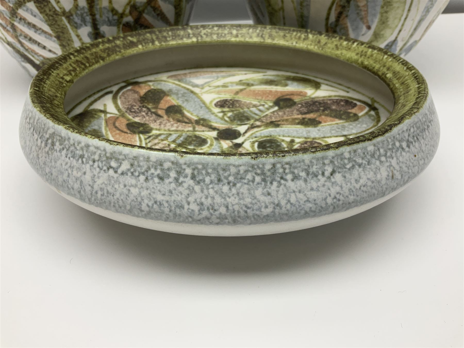Pair of Denby Glyn Colledge stoneware vases of ovoid form with floral decoration over cream ground, together with a large bowl in a similar design, vases H32cm