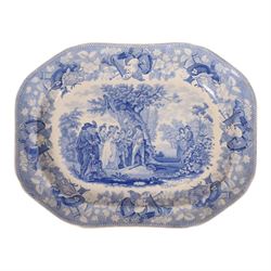 Two 19th century blue and white transfer printed pottery meat plates, the first by John Rogers & Sons decorated in The Drama Series patter, L54cm, the second by Bathwell & Goodfellow decorated in the Rural Scenery Traveller pattern, L43.5cm