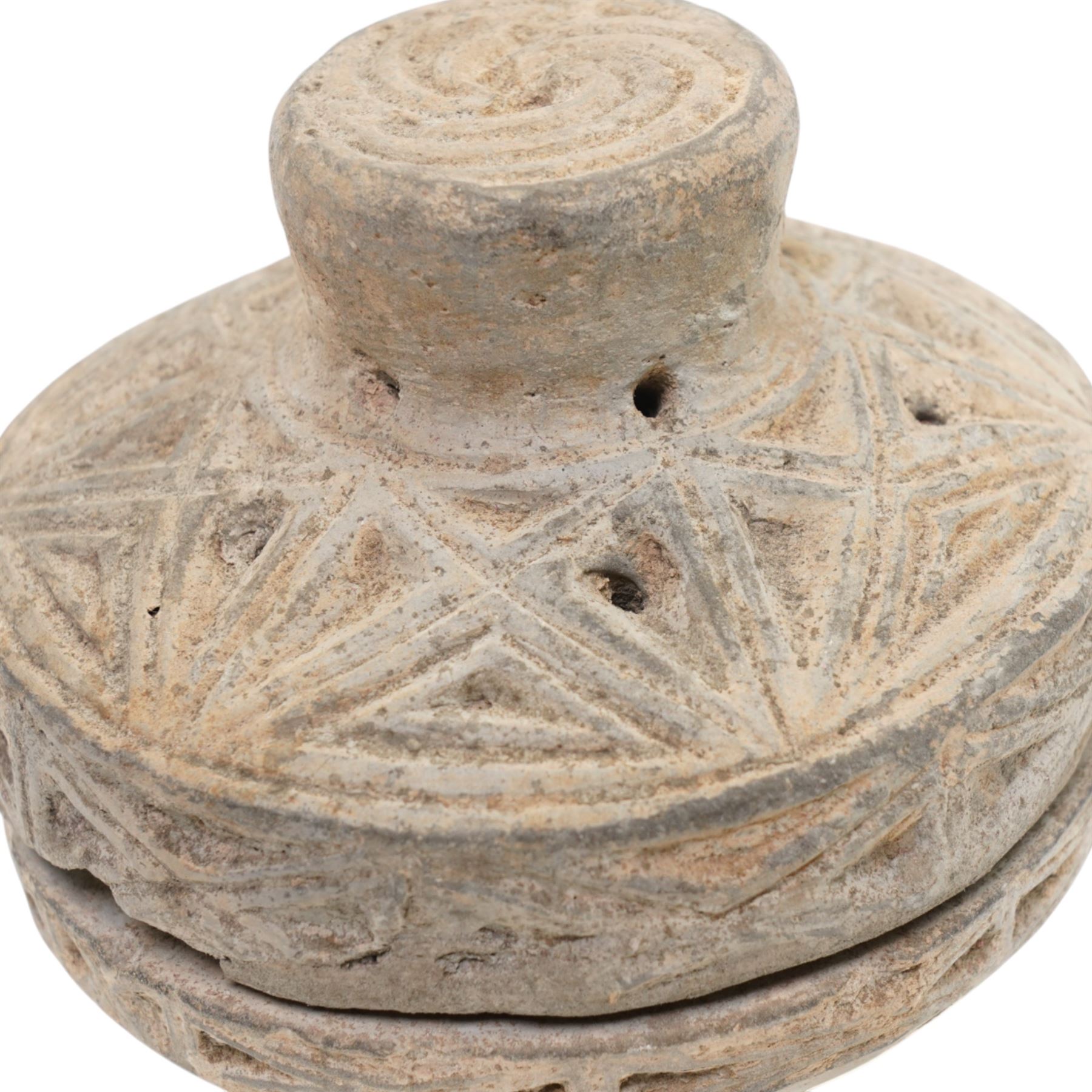 Chinese Western Han Dynasty pierced and carved earthenware incense burner,  c.206BC-24AD, on hardwood stand, H12.5cm 