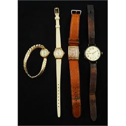 WWI silver trench watch, London import marks 1915, gold-plated Croton wristwatch and two ladies 9ct gold wristwatches, hallmarked, on leather straps (4)