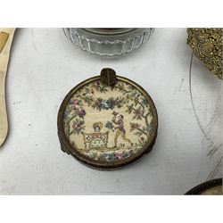 Vintage KIGU compact applied with marcasite birds, Stratton compact, embroidered gilt metal dressing table set, miniature bisque doll, scent bottles, silver-backed dressing table brush and hand mirror, Dutch and other Continental silver teaspoons etc 