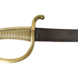 19th Century Grenadier Briquet short sabre sword, 59cm curved blade, brass ribbed grip and D shaped knuckle guard, overall L74cm
