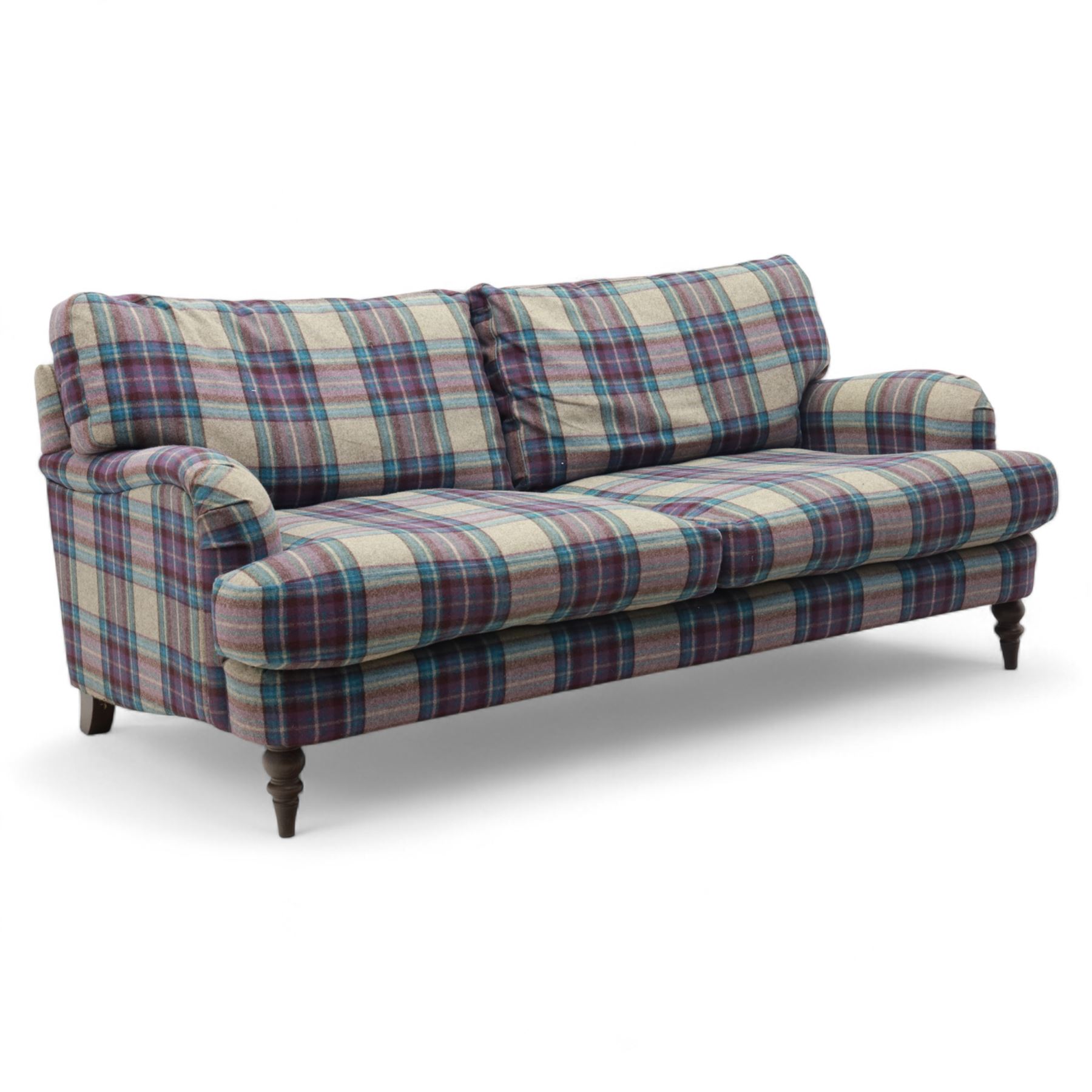 John Lewis - contemporary two seat sofa, upholstered in multicoloured check pattern fabric with removable seat and back cushions, gently scrolled arms and low square feet